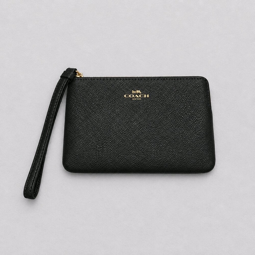 Coach Wristlet Pouch Black Textured Leather Small Wrist Strap